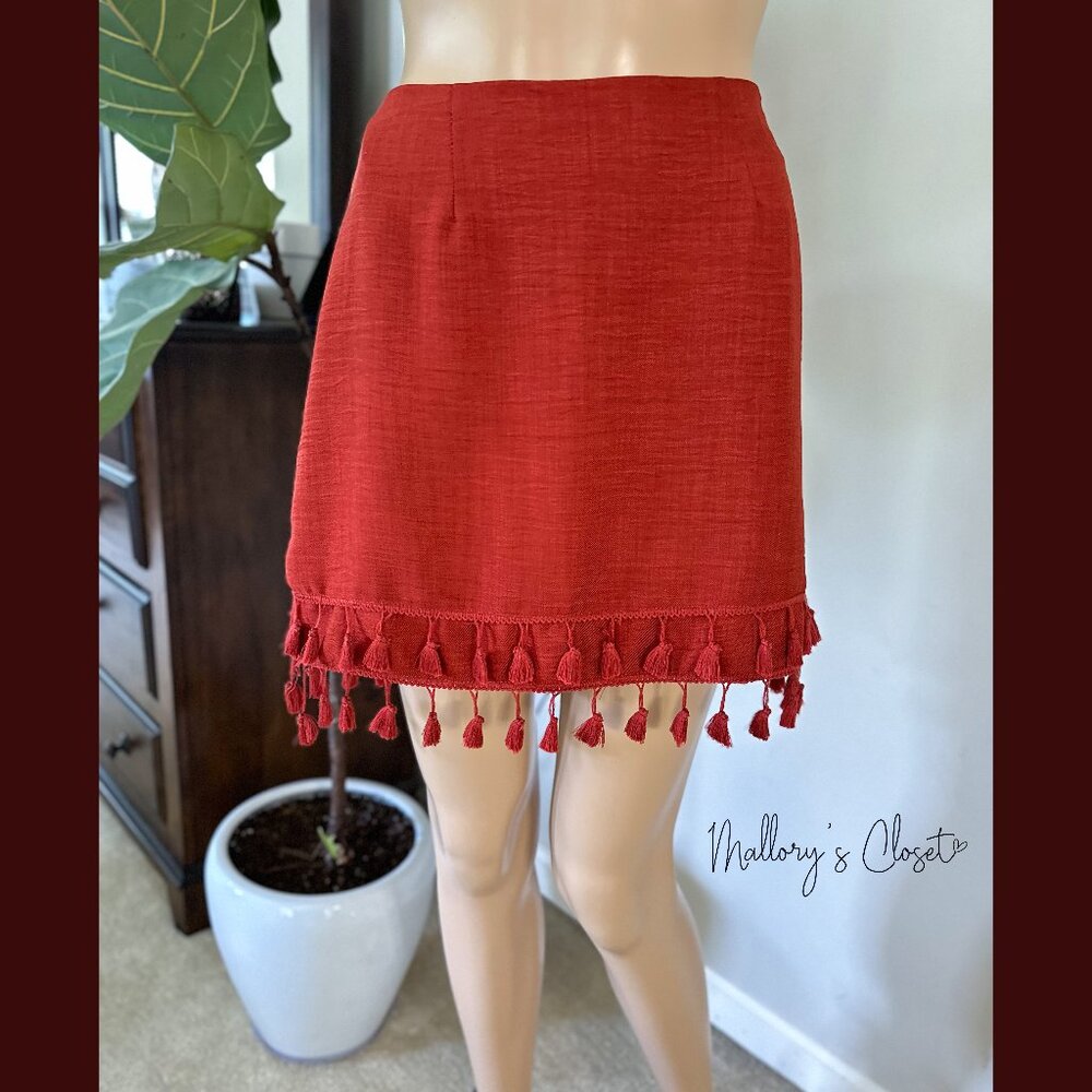 Lulu's All Bets Are Off Rust Red Tassel Mini Skirt / Size: Small